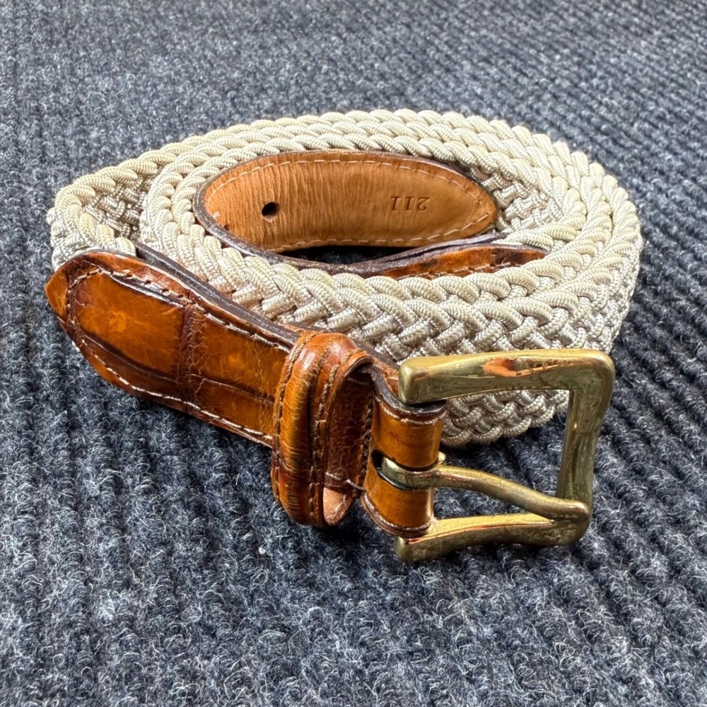 Martin Dingman Men's Woven Braided Belt Size 36 Beige Leather Solid Brass USA